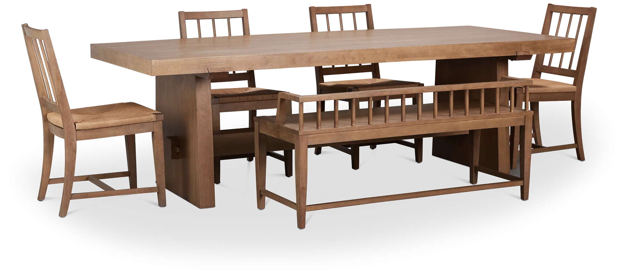 Provo Mid Tone Trestle Table, 4 Woven Chairs & Bench