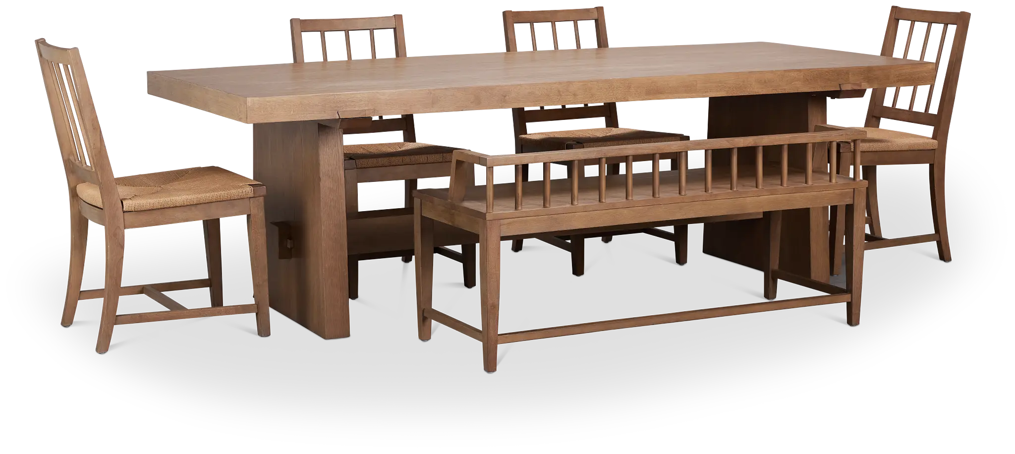 Provo Mid Tone Trestle Table, 4 Woven Chairs & Bench Provo Mid Tone Trestle Table, 4 Woven Chairs & Bench