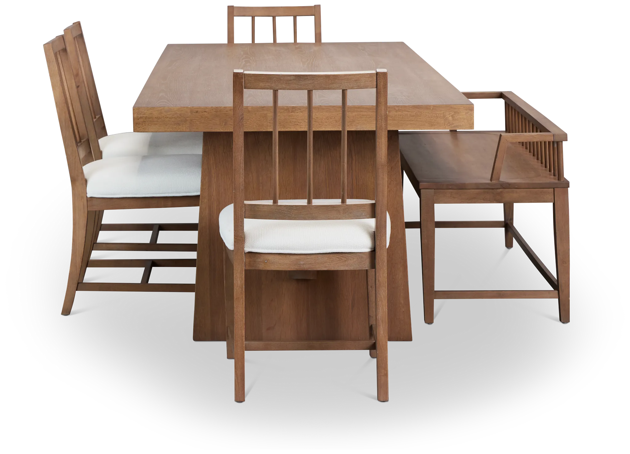 Provo Mid Tone Trestle Table, 4 White Chairs & Bench