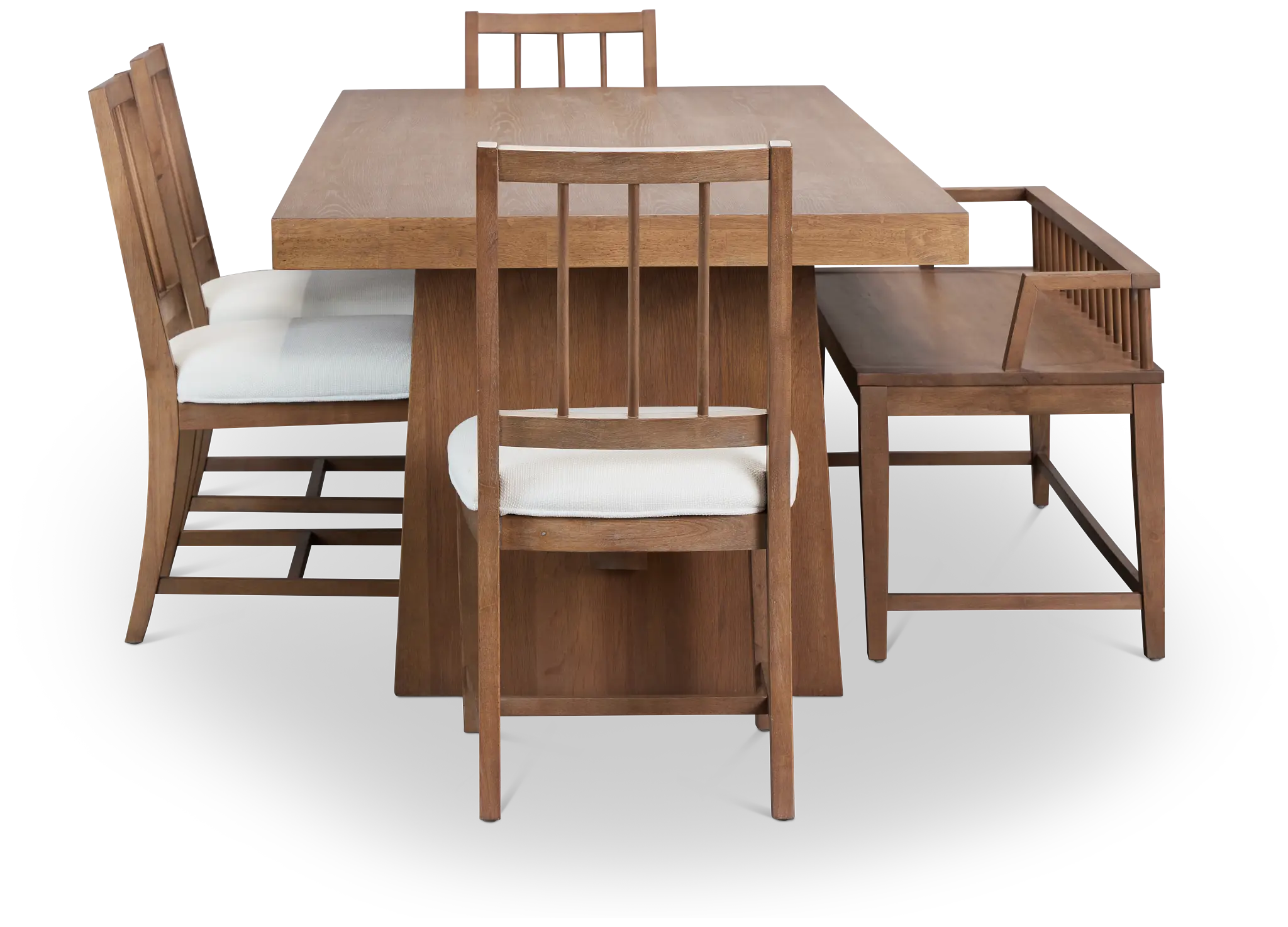 Provo Mid Tone Trestle Table, 4 White Chairs & Bench Provo Mid Tone Trestle Table, 4 White Chairs & Bench