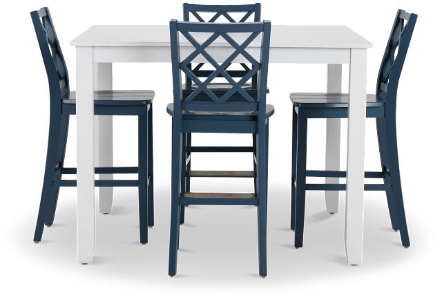 Edgartown White Square High Table & 4 Navy Wood Barstools