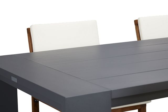 Linear Dark Gray White 87" Aluminum Table & 4 Teak Cushioned Side Chairs