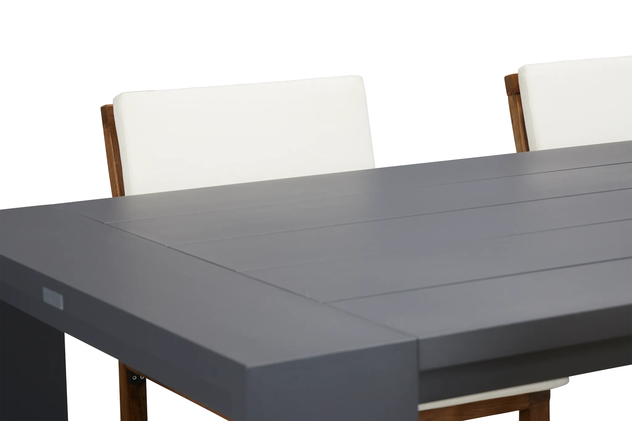 Linear Dark Gray White 87" Aluminum Table & 4 Teak Cushioned Side Chairs