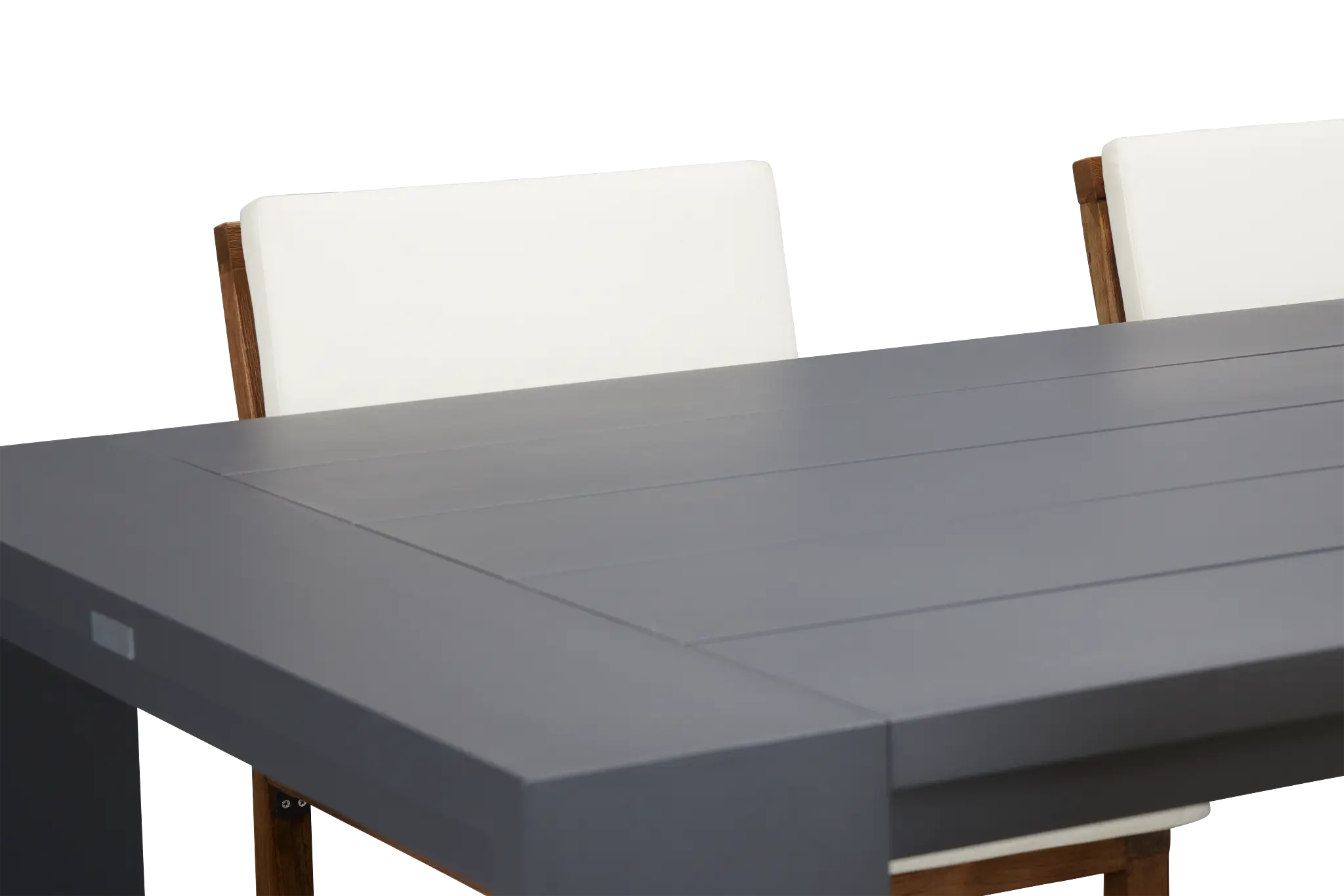 Linear Dark Gray White 87" Aluminum Table & 4 Teak Cushioned Side Chairs Linear Dark Gray White 87" Aluminum Table & 4 Teak Cushioned Side Chairs