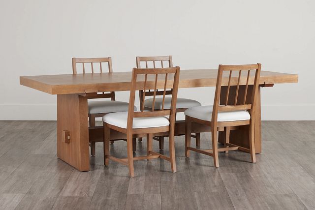 Provo Mid Tone Trestle Table & 4 White Upholstered Chairs