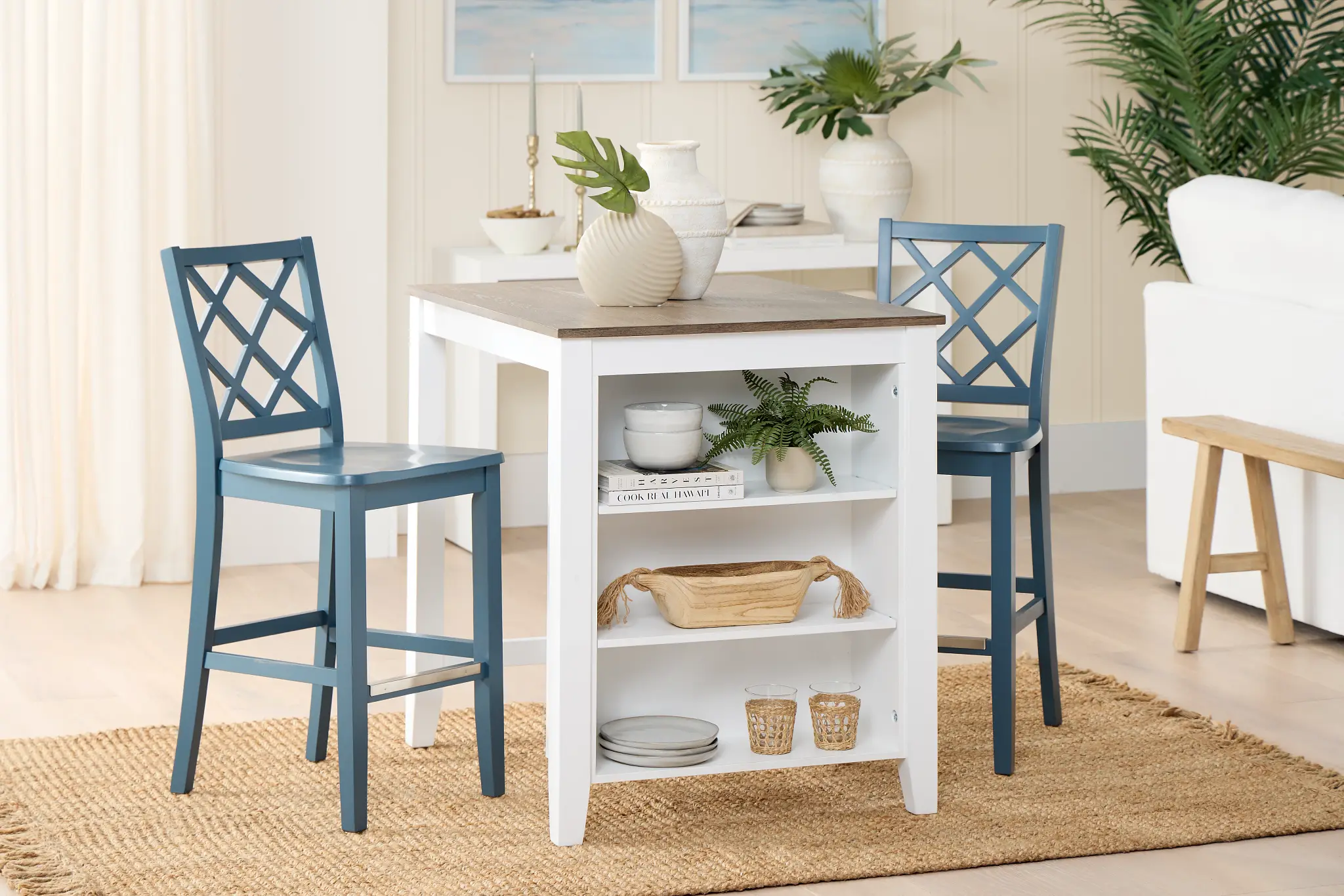 Edgartown Two-tone Storage High Table & 2 Navy Wood Barstools Edgartown Two-tone Storage High Table & 2 Navy Wood Barstools