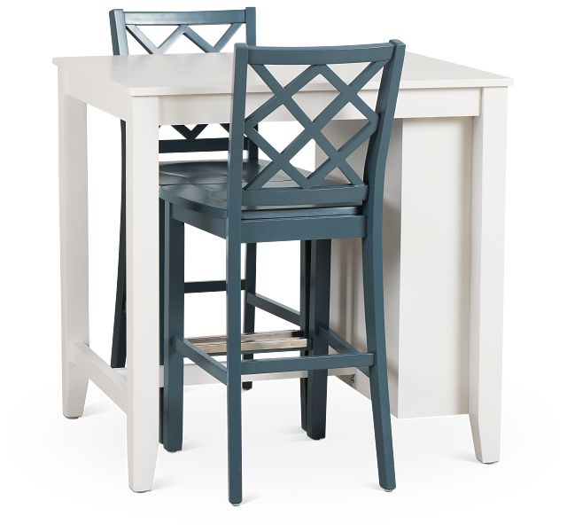 Edgartown White Storage High Table & 2 Navy Wood Barstools