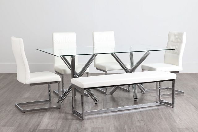 Quincy Glass White Table, 4 Chairs & Bench