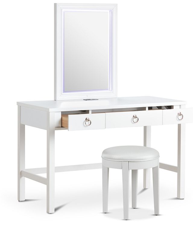 Isabella White Vanity & Mirror With Stool