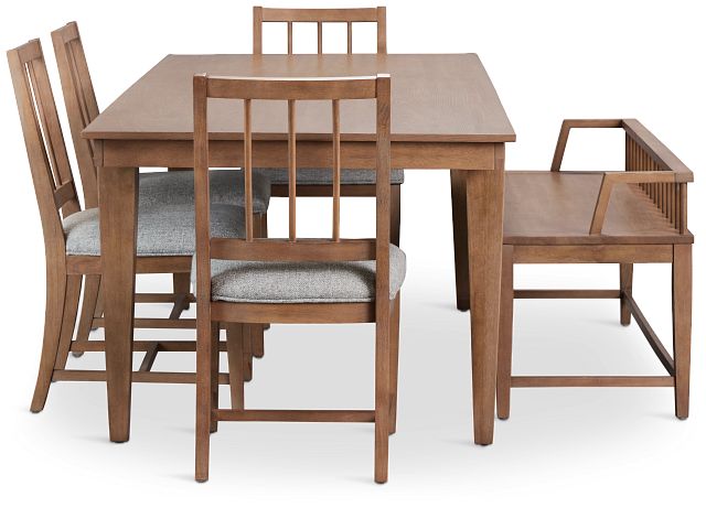 Provo Mid Tone Rect Table, 4 Gray Chairs & Bench