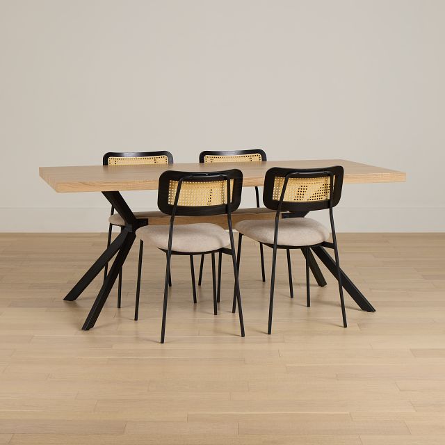 Lynden Light Tone Rect Table & 4 Beige Woven Upholstered Side Chairs