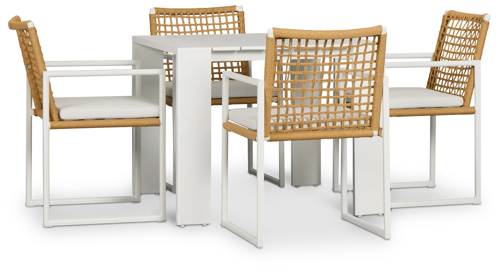Sunrise White 35" Square Table & 4 Aluminum Arm Chairs
