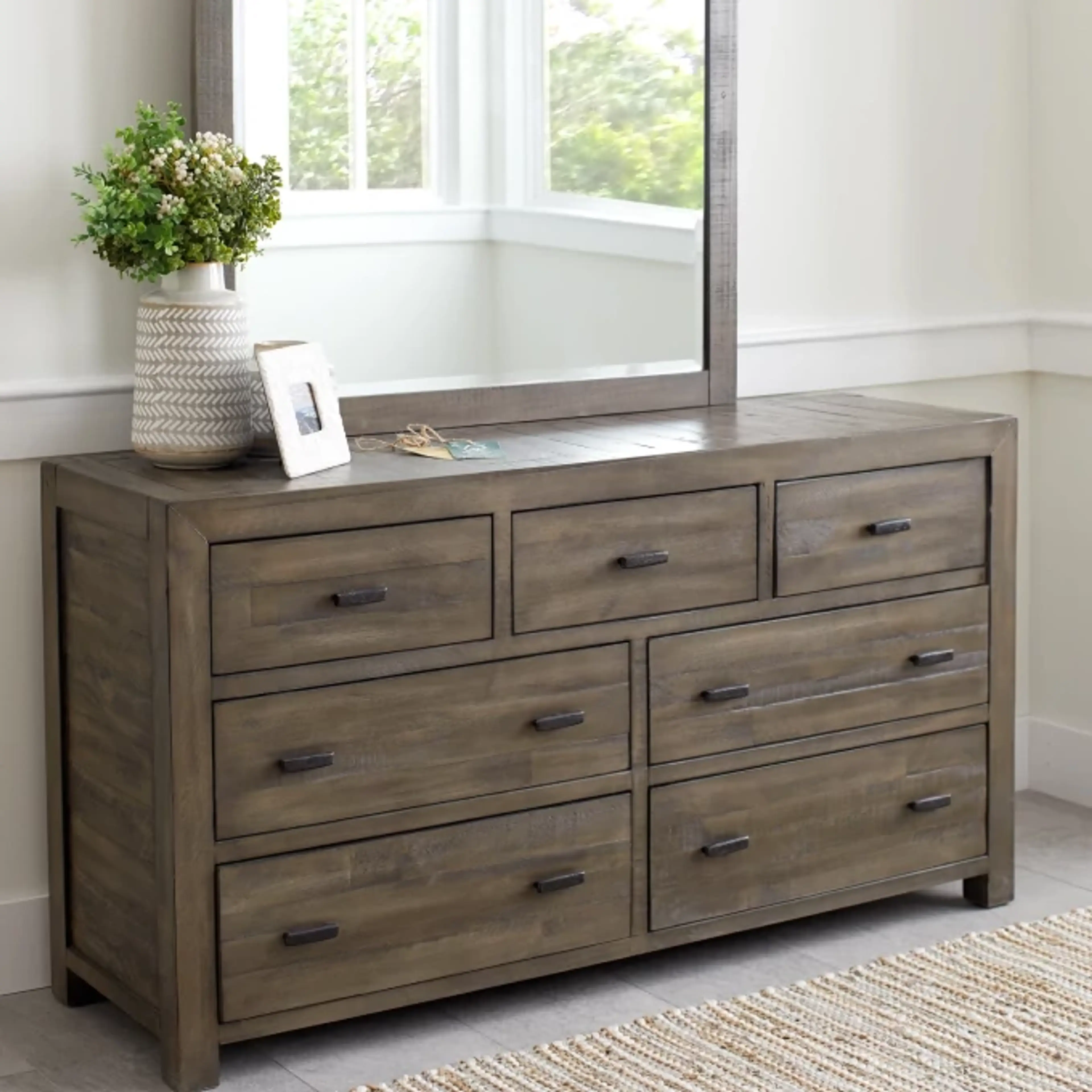 Gray Wood Dresser & Mirror