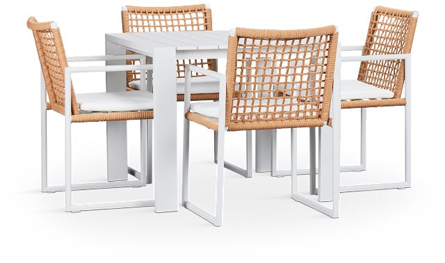 Sunrise White 35" Square Table & 4 Aluminum Arm Chairs