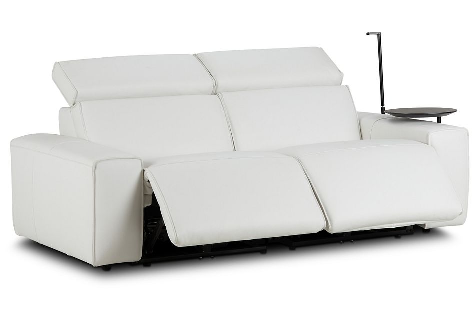 Carmelo White Leather Power Reclining Sofa With Right Table
