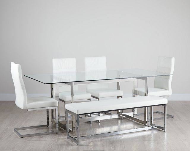 Bronx Glass White Table, 4 Chairs & Bench (0)