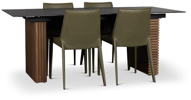 Wayne Two-tone Stone Rectangular Table & 4 Dark Green Upholstered Chair