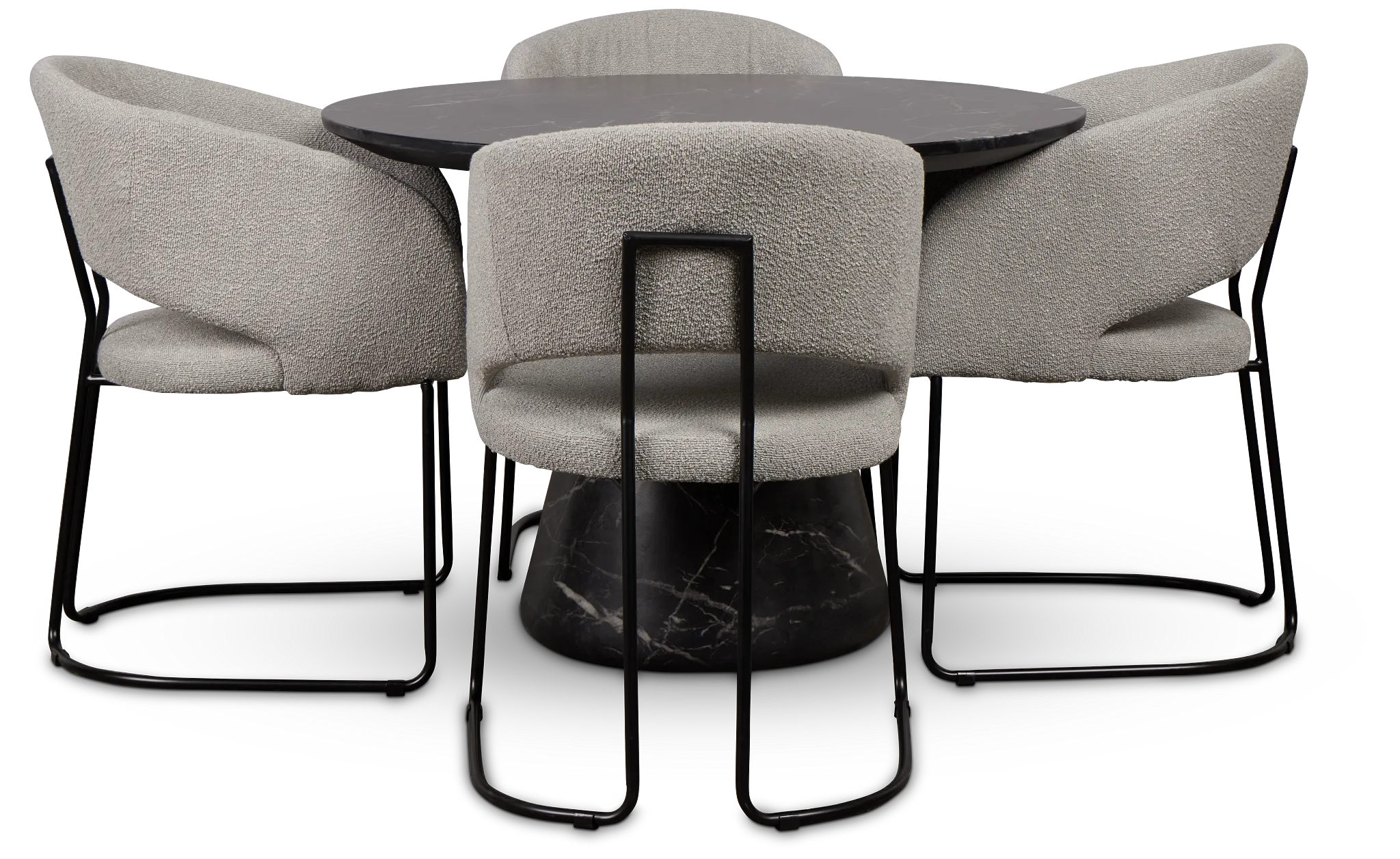 Merrick Black Round Table With 4 Gray Upholstered Side Chairs