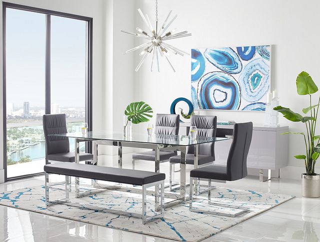 Bronx Glass Gray Table & 4 Upholstered Chairs