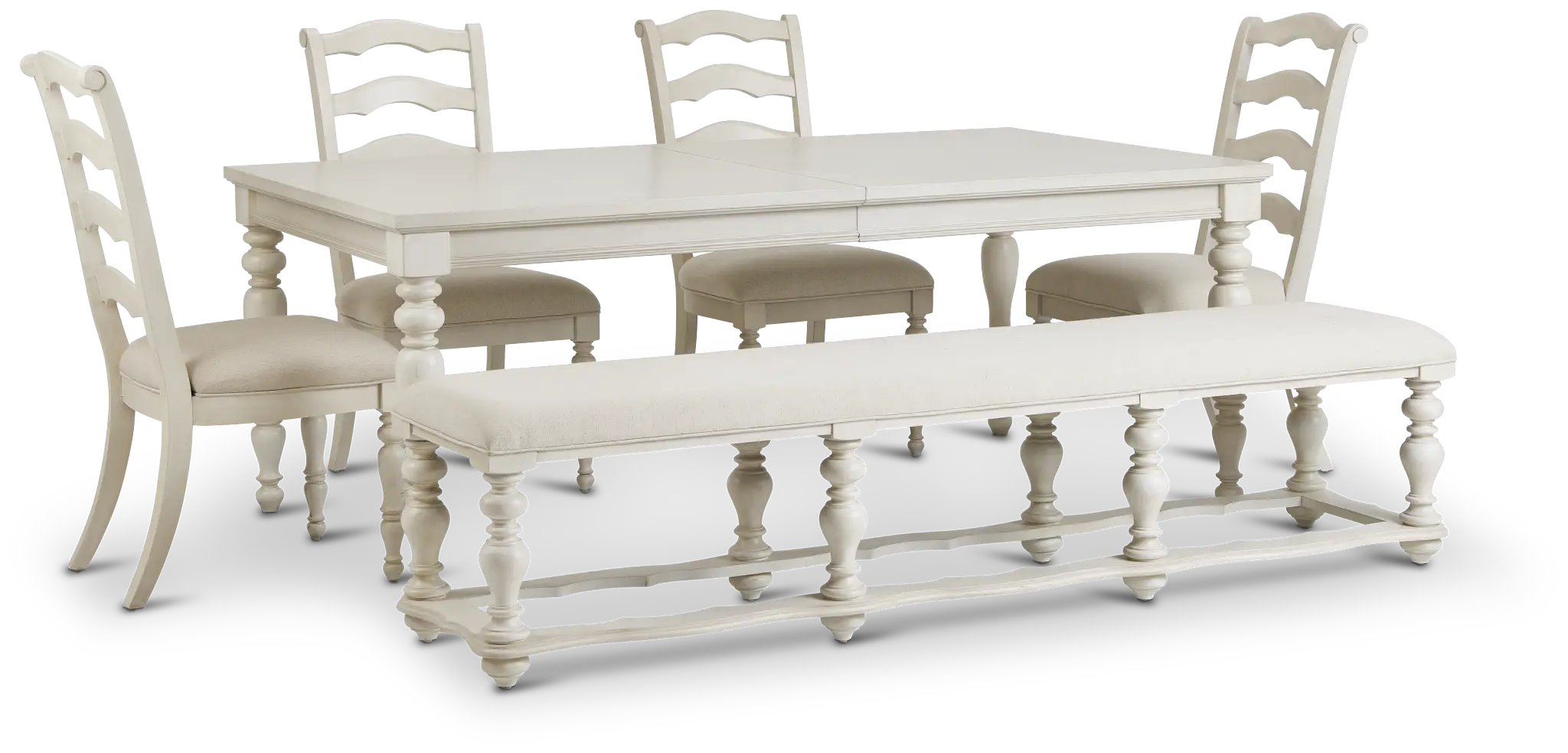 Savannah Ivory Rect Table, 4 Chairs & Bench Savannah Ivory Rect Table, 4 Chairs & Bench