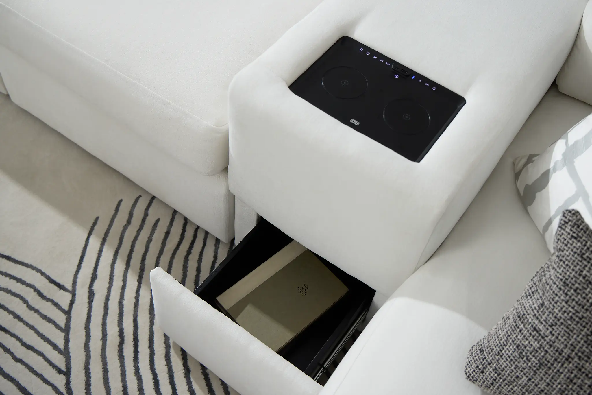 Citymod White Fabric Large Right Chaise Sectional With Media Console Citymod White Fabric Large Right Chaise Sectional With Media Console