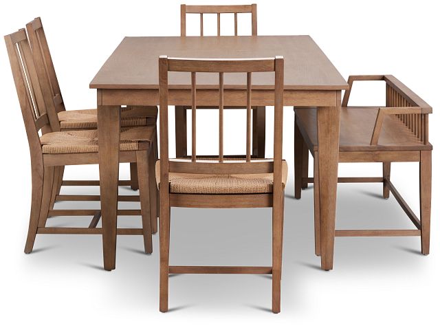 Provo Mid Tone Rect Table, 4 Woven Chairs & Bench