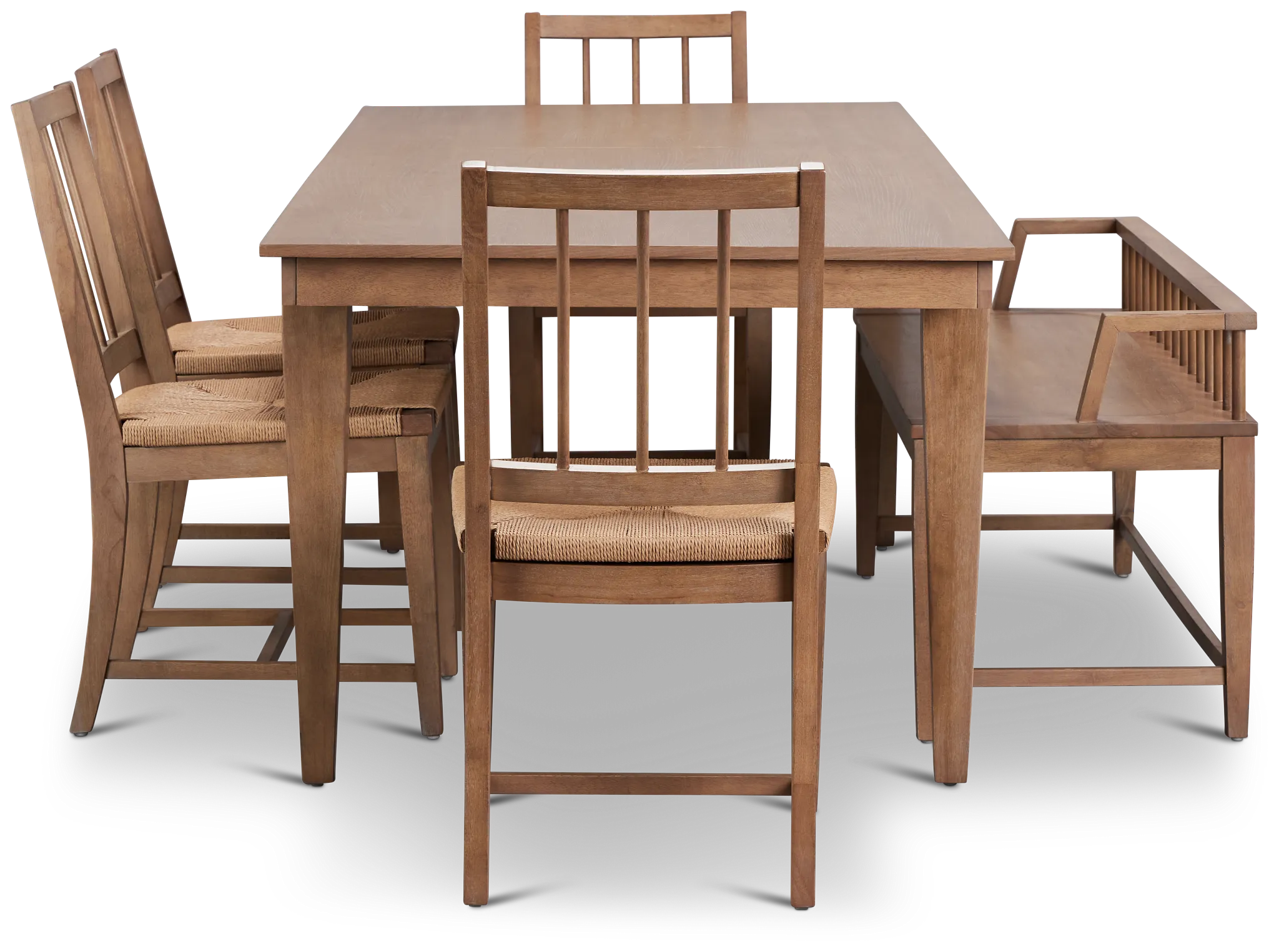 Provo Mid Tone Rect Table, 4 Woven Chairs & Bench