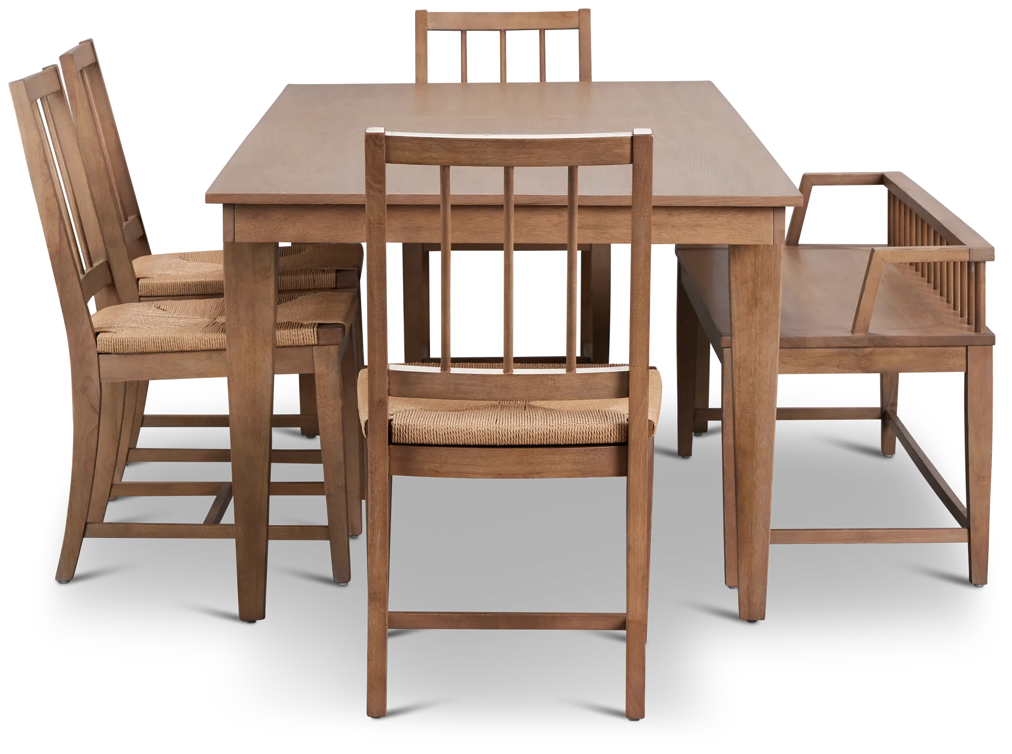 Provo Mid Tone Rect Table, 4 Woven Chairs & Bench Provo Mid Tone Rect Table, 4 Woven Chairs & Bench