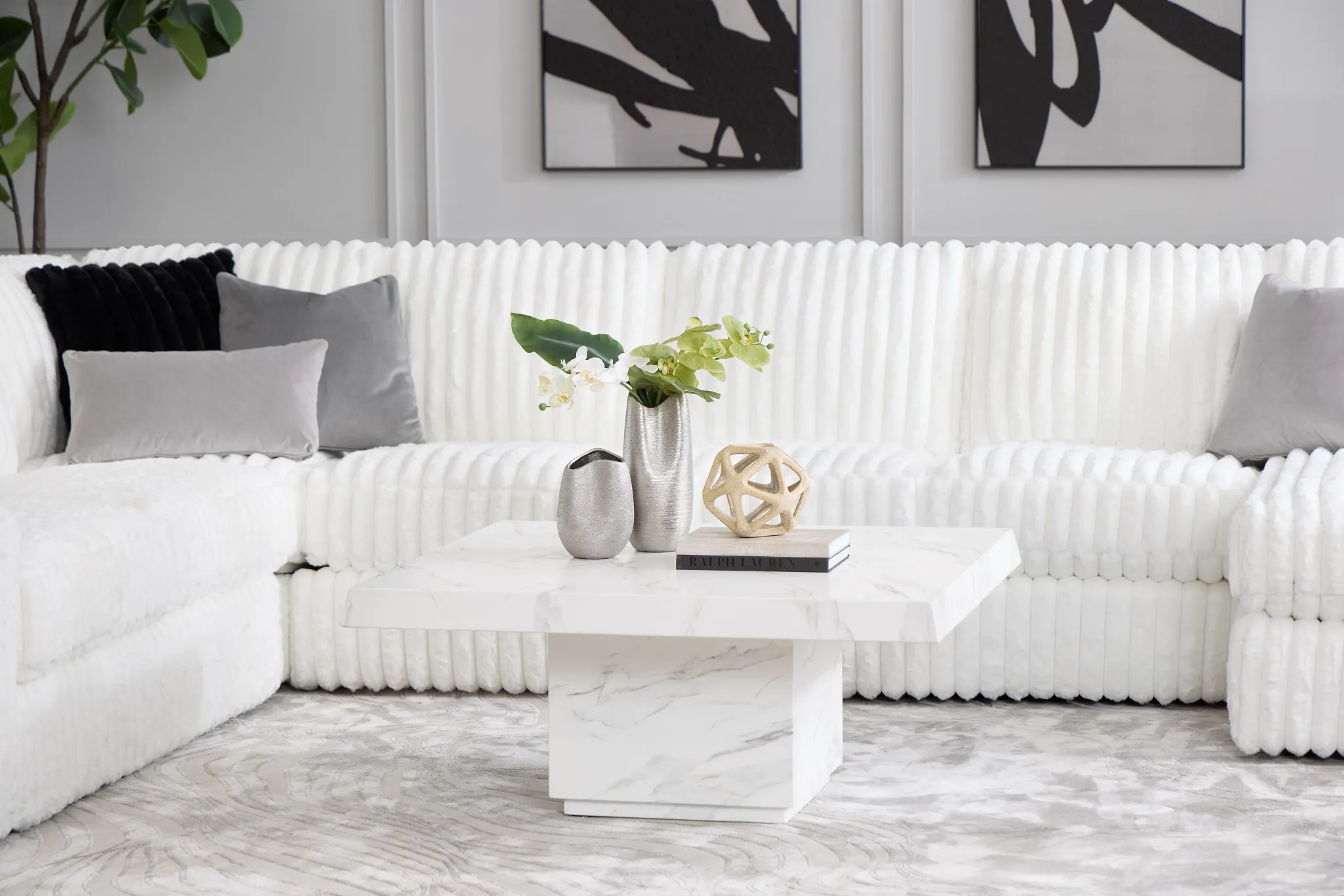 Teddy White Fabric Large Right Chaise Sectional