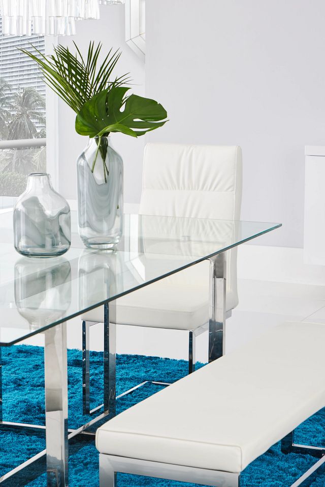 Bronx Glass White Table, 4 Chairs & Bench