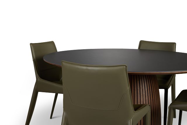 Wayne Two-tone Stone Round Table & 4 Dark Green Upholstered Chairs
