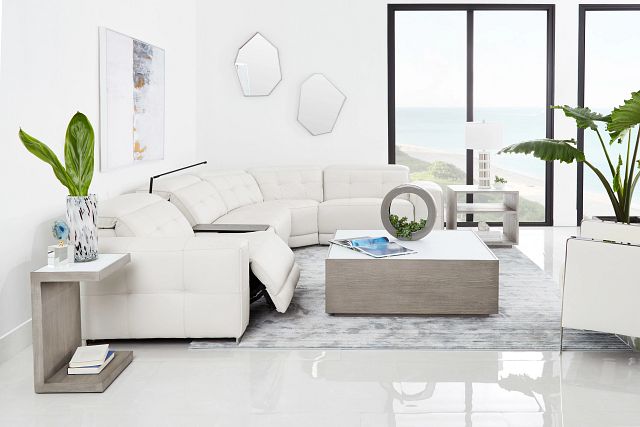 Reva White Leather Small Triple Power Reclining Two-arm Sectional