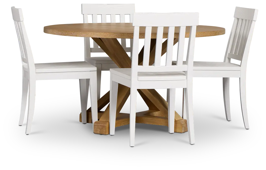 Nantucket Light Tone Round Table & 4 White Wood Chairs Nantucket Light Tone Round Table & 4 White Wood Chairs