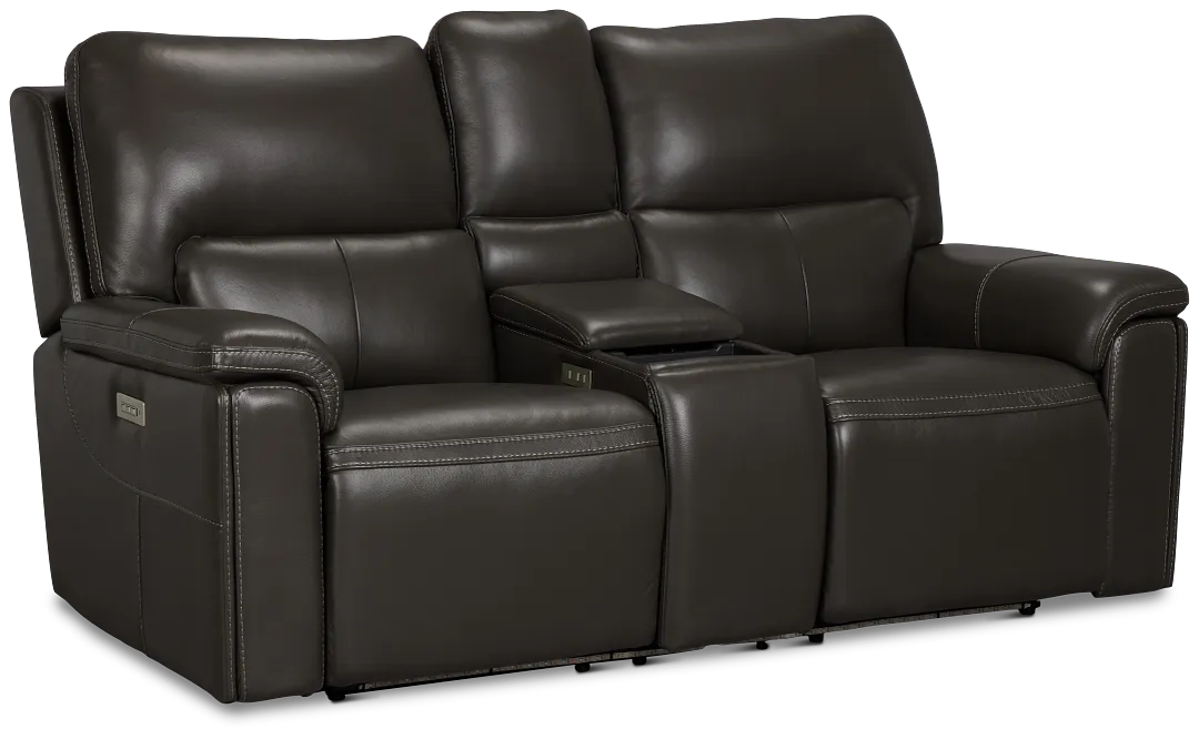 Fallon Dark Gray Lthr/vinyl Power Reclining Console Loveseat W/ Massage