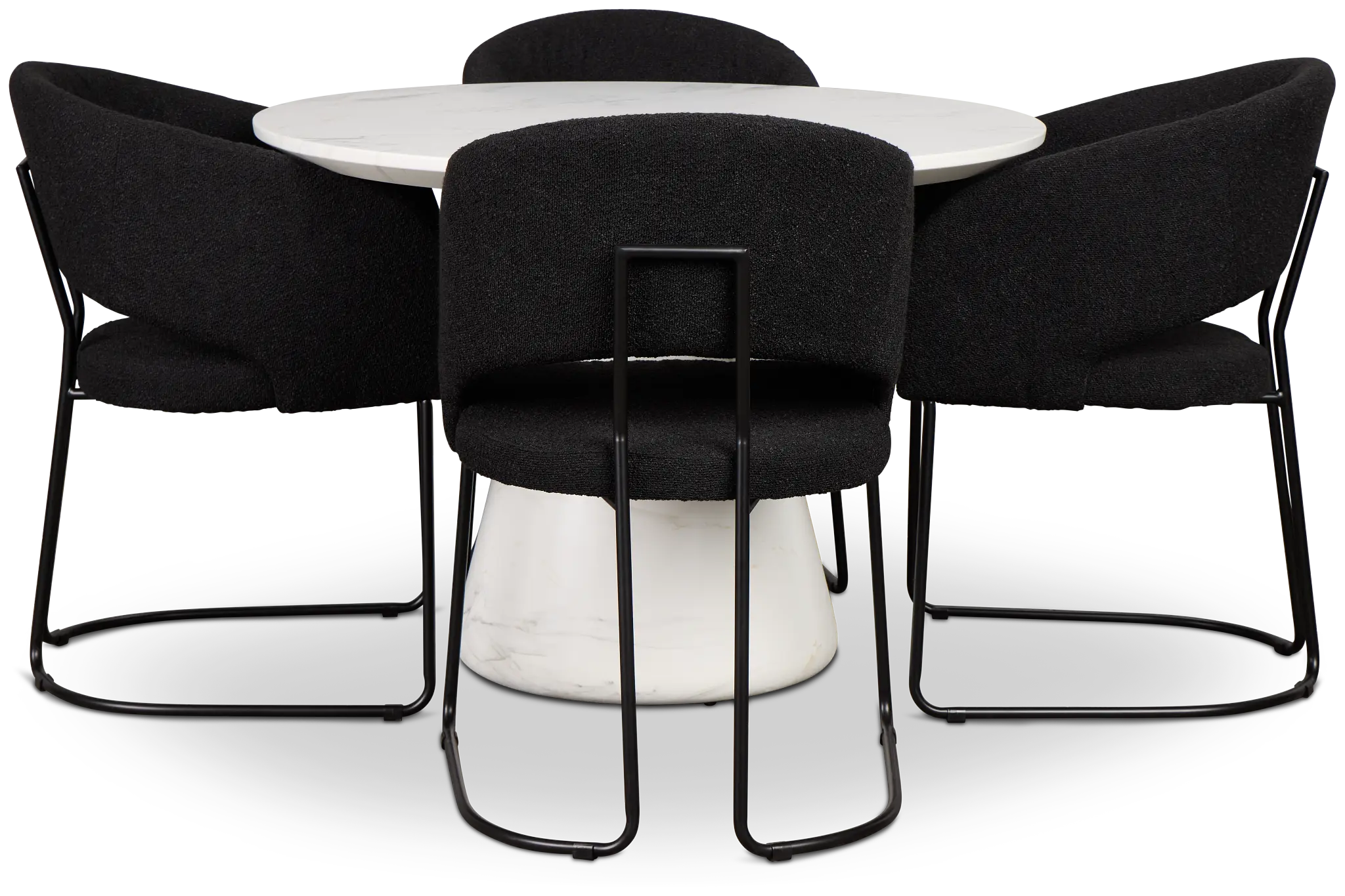 Merrick White Round Table With 4 Black Upholstered Side Chairs Merrick White Round Table With 4 Black Upholstered Side Chairs