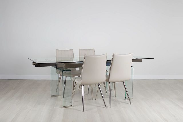 Wynwood Glass Rect Table & 4 Light Taupe Upholstered Chairs