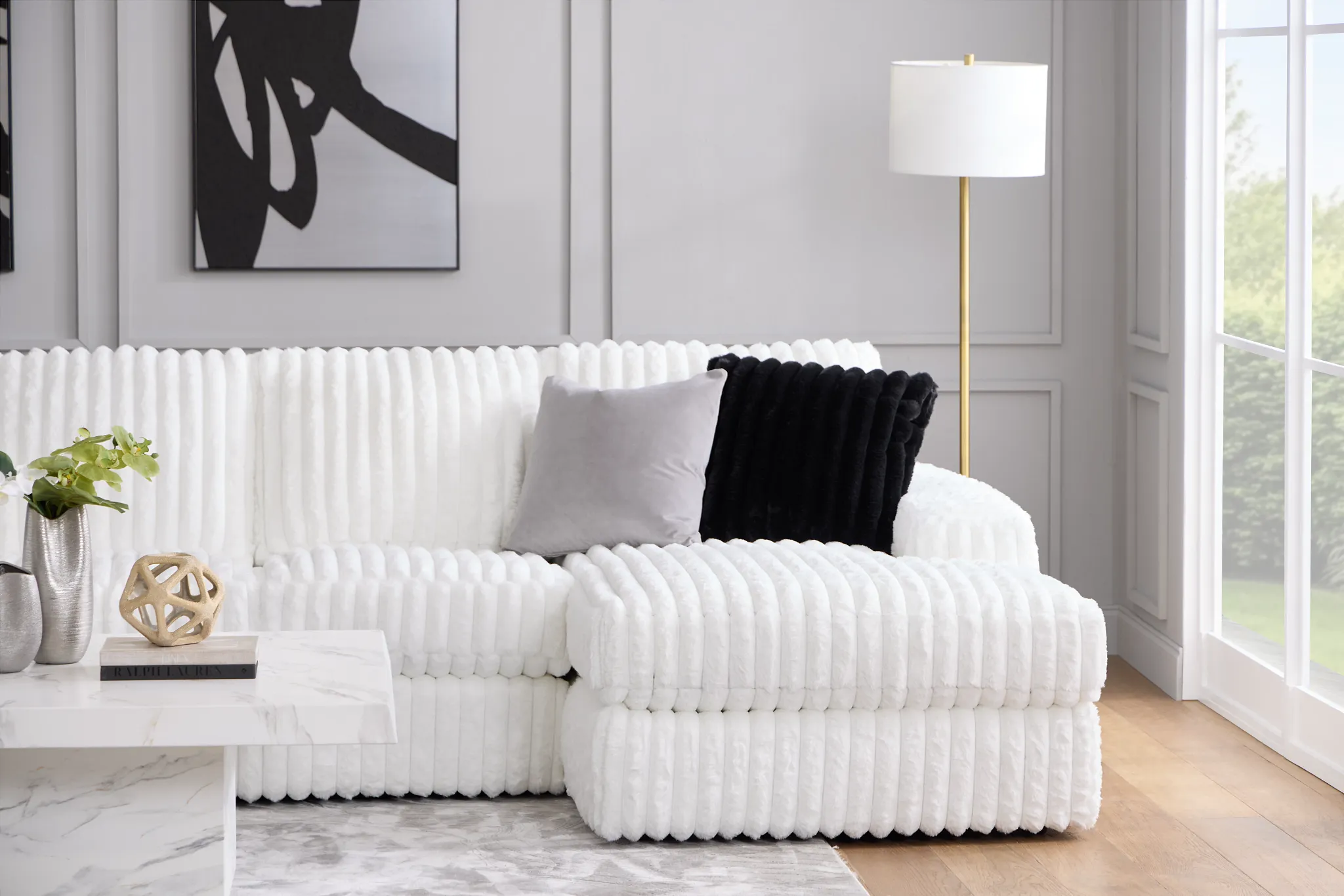 Teddy White Fabric Large Right Chaise Sectional