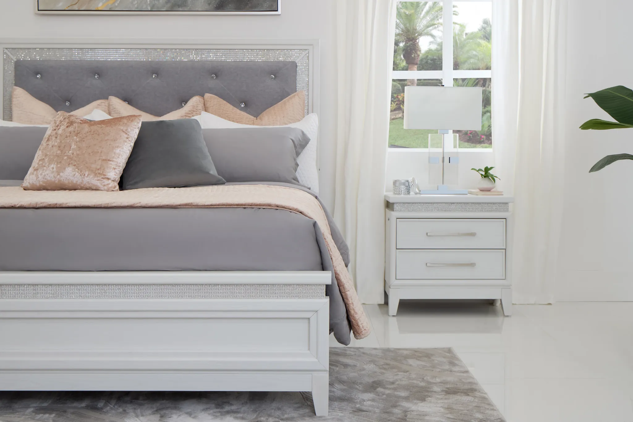 Alessandria White Uph Panel Bed With Lights