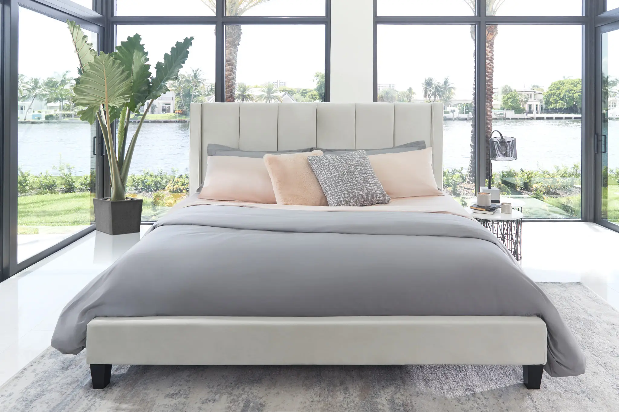 Audrey Beige Velvet Platform Bed: Chic Design with Cozy Comfort  