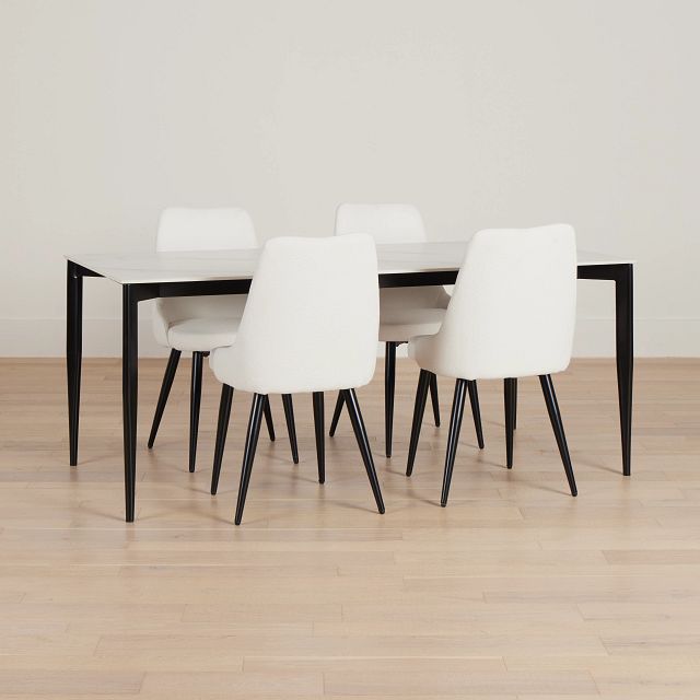 Andover White Rect Table & 4 White Upholstered Curved Chairs