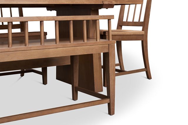 Provo Mid Tone Trestle Table, 4 Woven Chairs & Bench