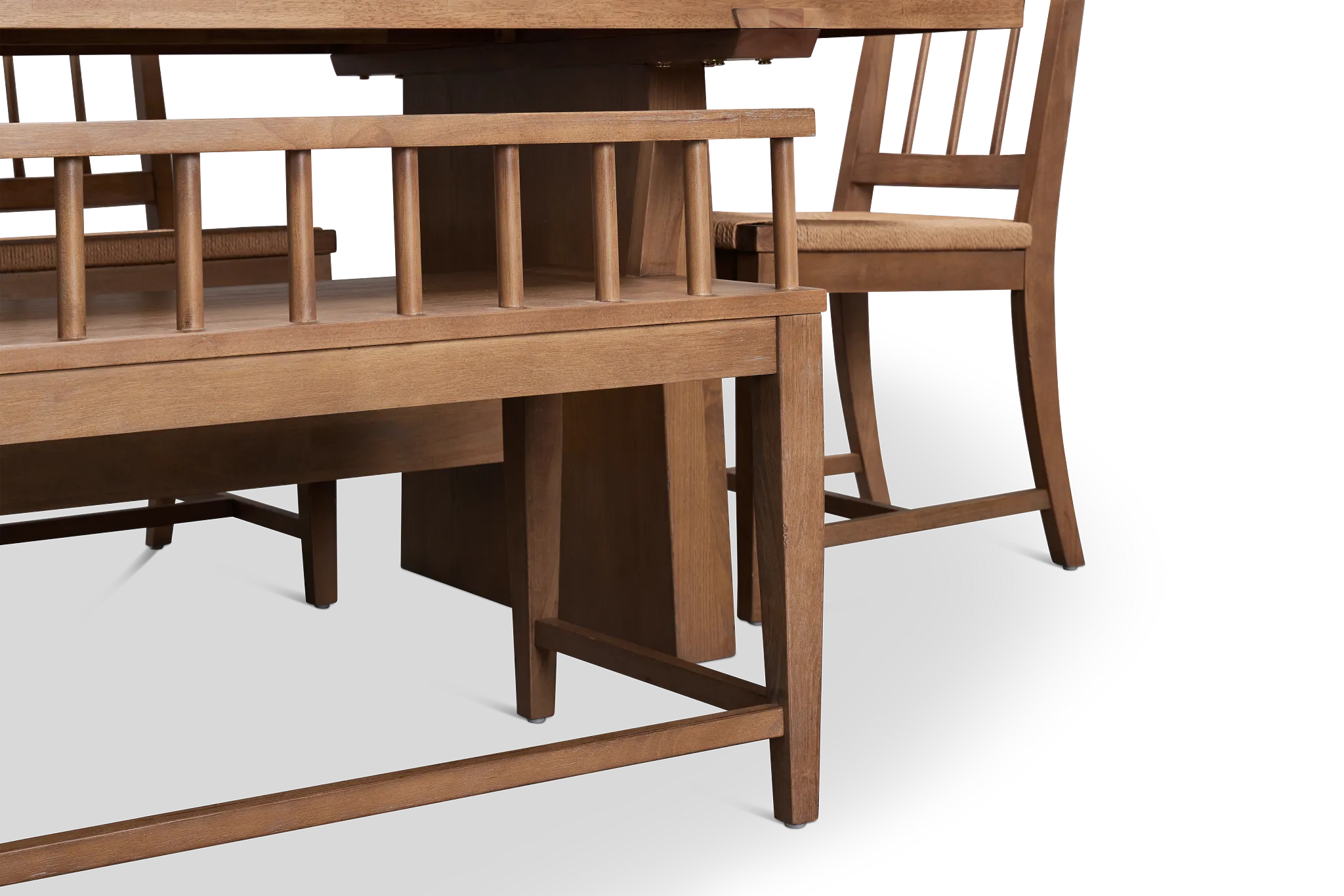 Provo Mid Tone Trestle Table, 4 Woven Chairs & Bench