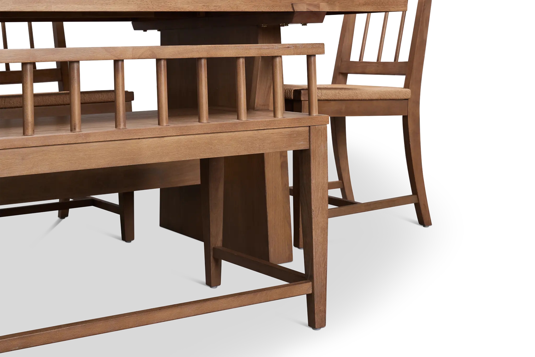 Provo Mid Tone Trestle Table, 4 Woven Chairs & Bench Provo Mid Tone Trestle Table, 4 Woven Chairs & Bench
