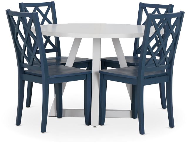 Edgartown White Round Table & 4 Navy Wood Chairs (1)