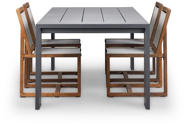 Linear Dark Gray 87" Aluminum Table & 4 Teak Sling Side Chairs