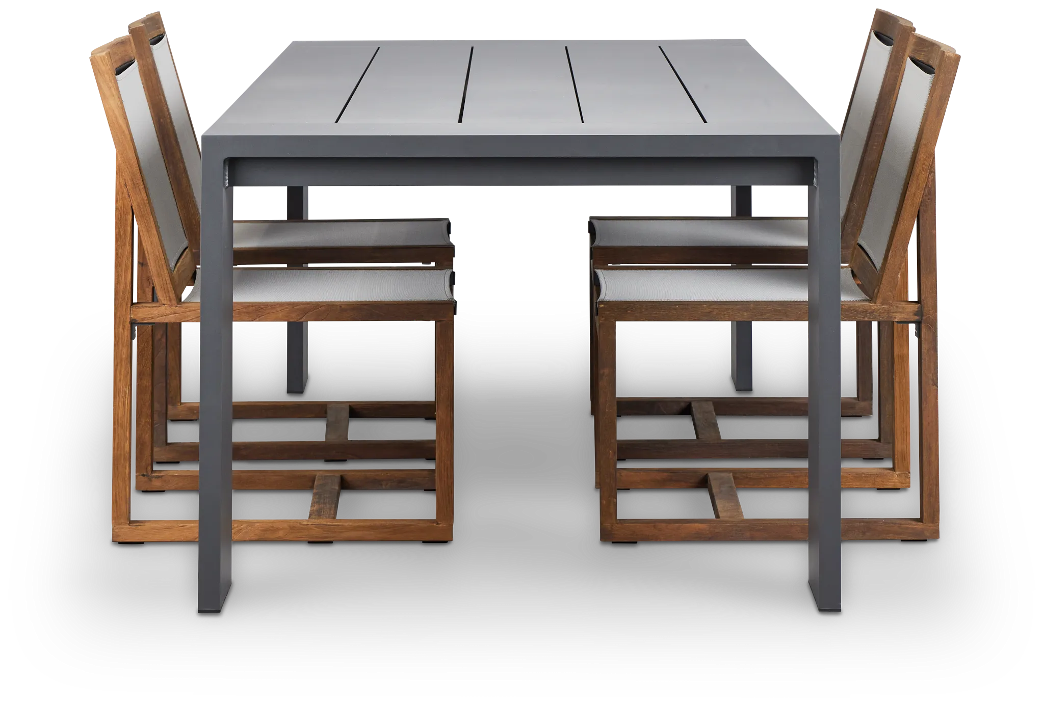 Linear Dark Gray 87" Aluminum Table & 4 Teak Sling Side Chairs
