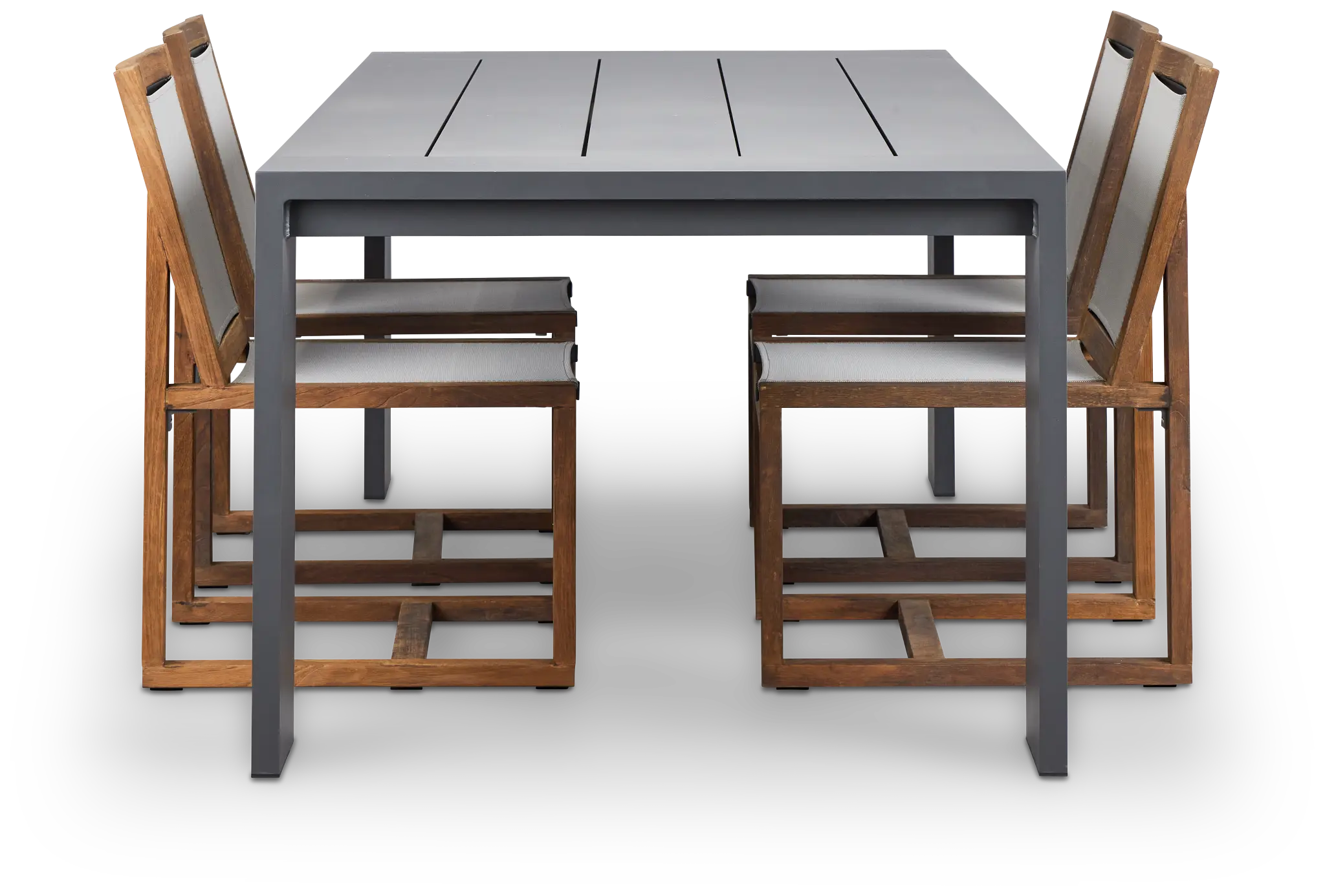 Linear Dark Gray 87" Aluminum Table & 4 Teak Sling Side Chairs Linear Dark Gray 87" Aluminum Table & 4 Teak Sling Side Chairs