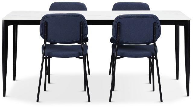 Andover White Rect Table & 4 Dark Blue Upholstered Chairs