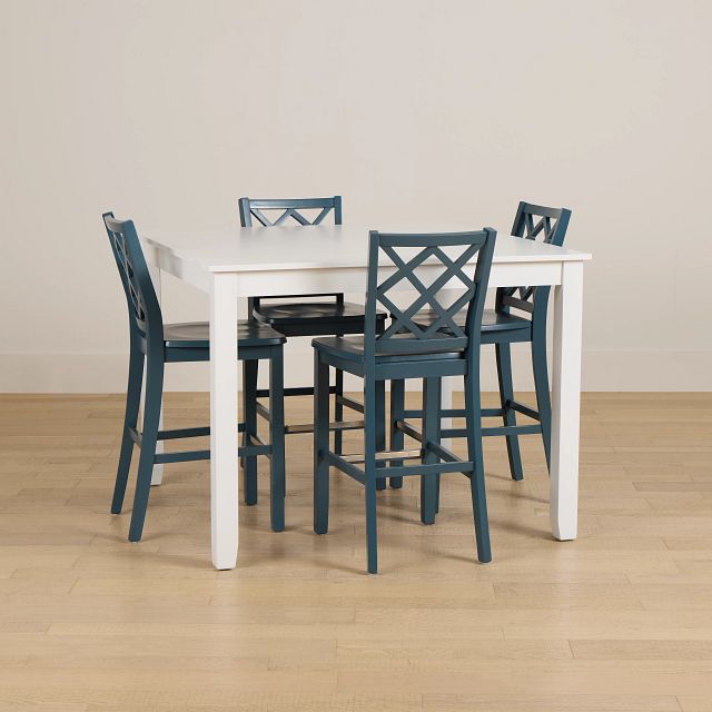 Edgartown White Square High Table & 4 Navy Wood Barstools