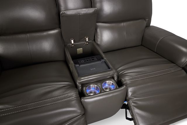 Fallon Dark Gray Lthr/vinyl Power Reclining Console Loveseat W/ Massage